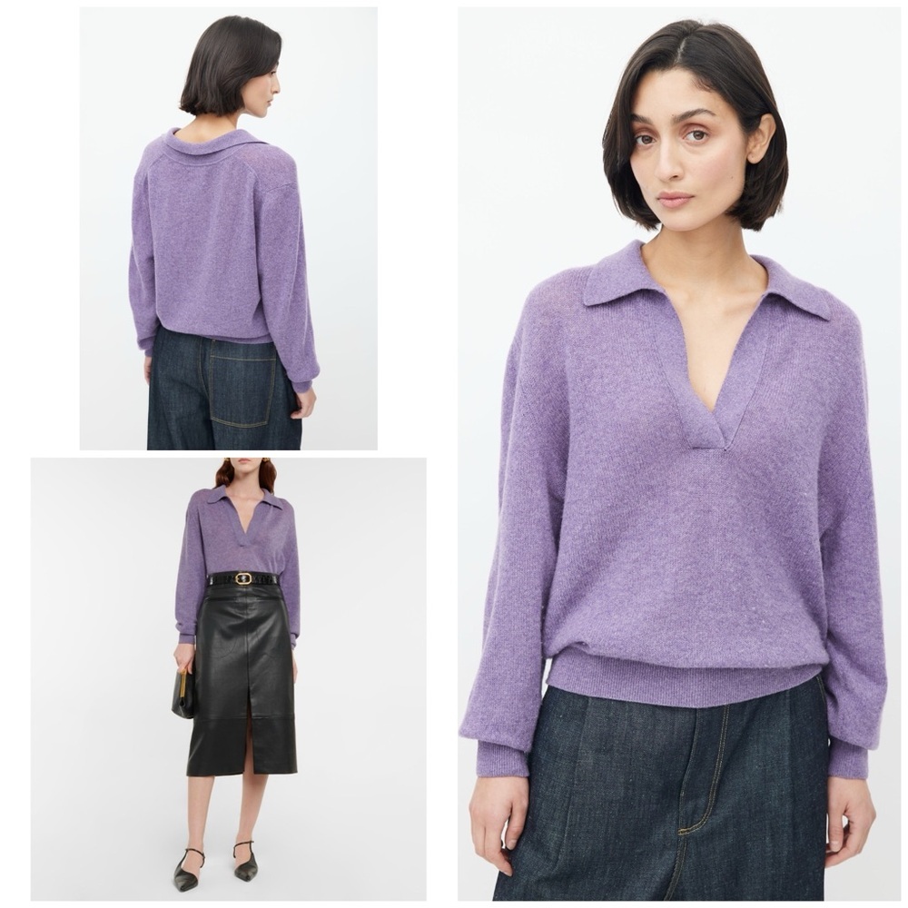 EUC KHAITE Jo Cashmere Amethyst Purple V-Neck Polo Luxury Sweater Pullover M​